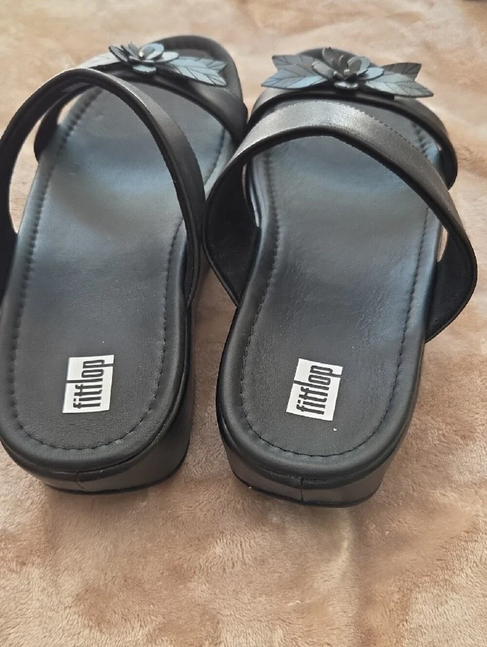 Fitflop Black Slide Sandals with Floral Accent